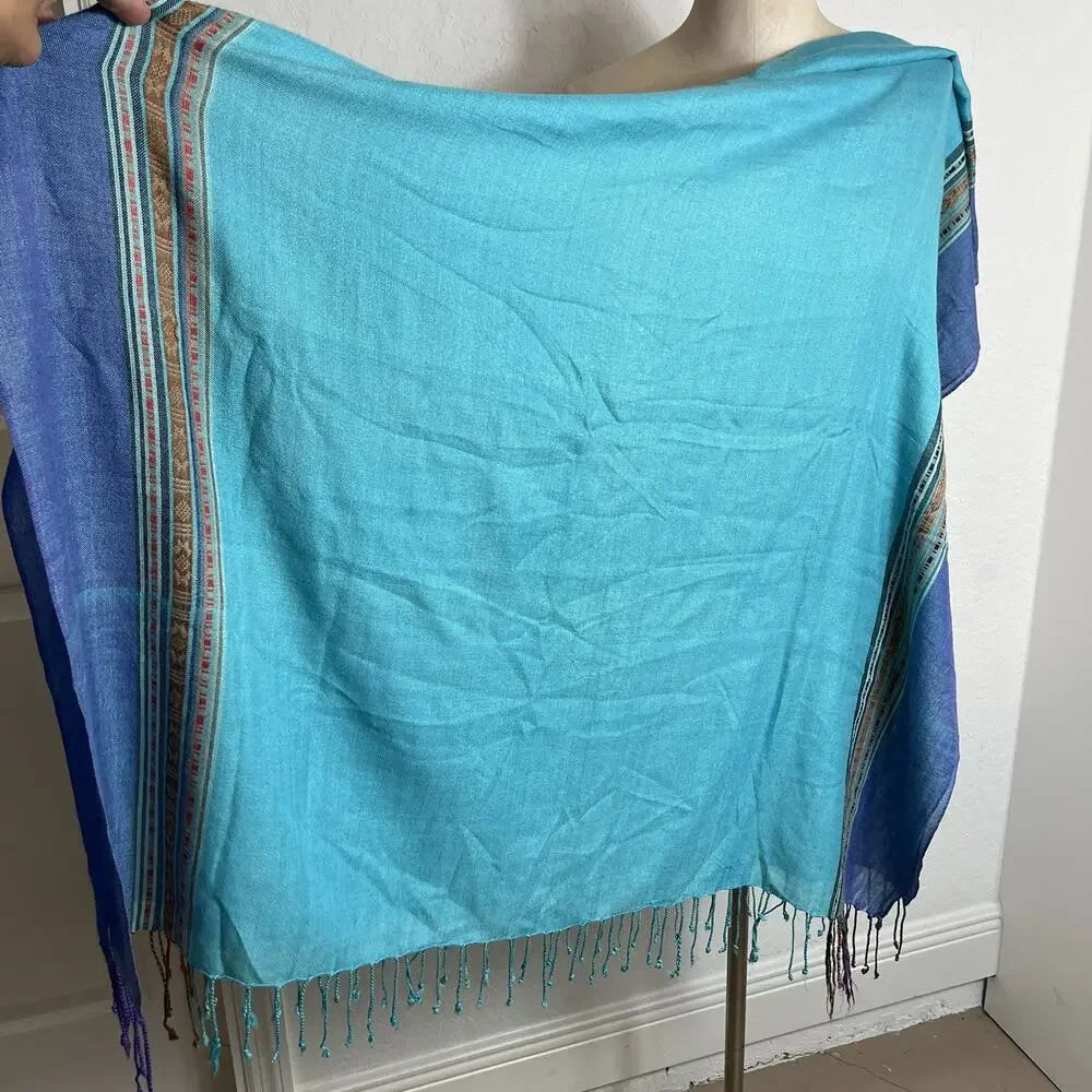 Blue Pashmina Scarf Wrap Unbranded Tassels at ends, Bohemian, Coastal, Travel